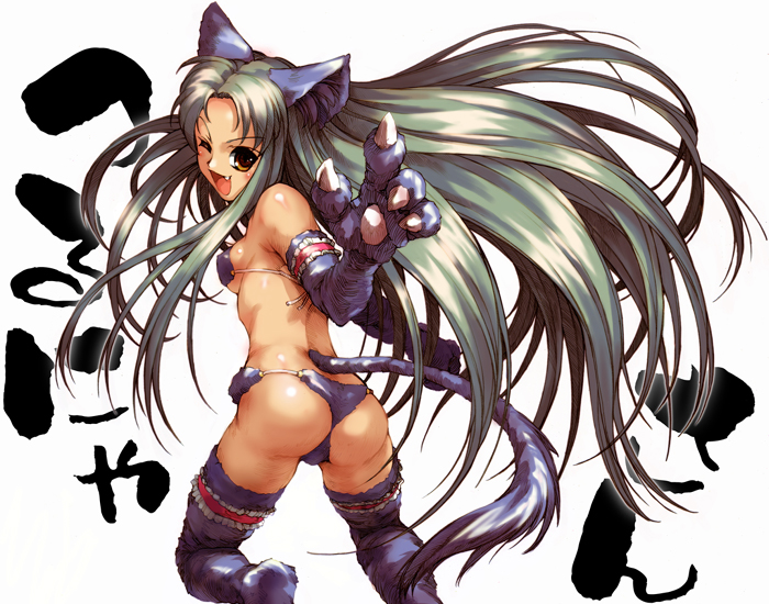 animal_ears ass breasts brown_eyes cat_ears fang green_hair hisahiko long_hair one_eye_closed sideboob small_breasts solo suzumiya_haruhi_no_yuuutsu tail thighhighs tsuruya very_long_hair