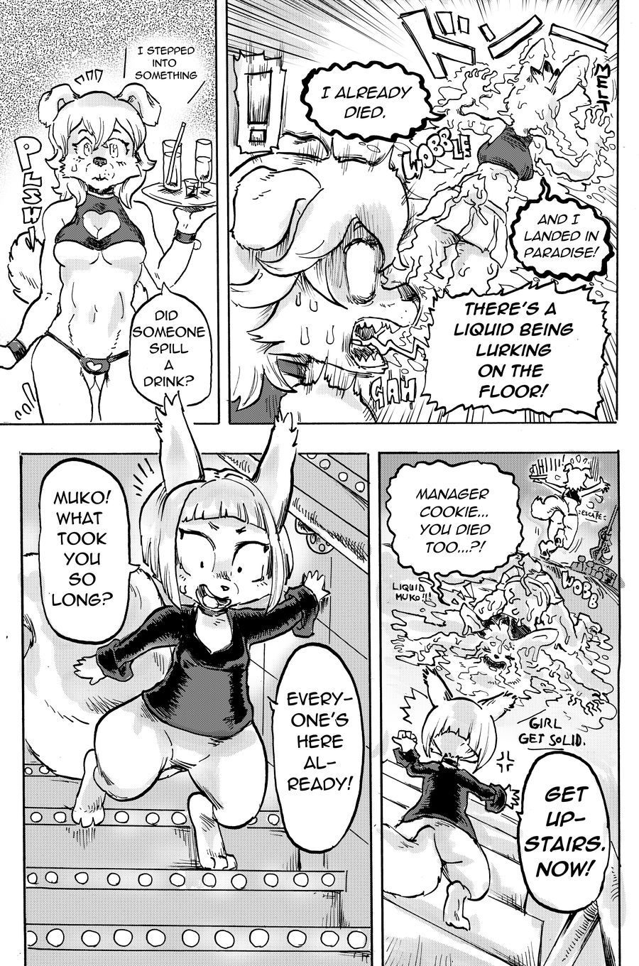 anthro arousal breasts canine clothed clothing cookie_(furryfight_chronicles) daigaijin dialogue dog english_text female furryfight_chronicles group hi_res lagomorph mammal melting muko rabbit rodent scared sciurid shocked speech_bubble text under_boob