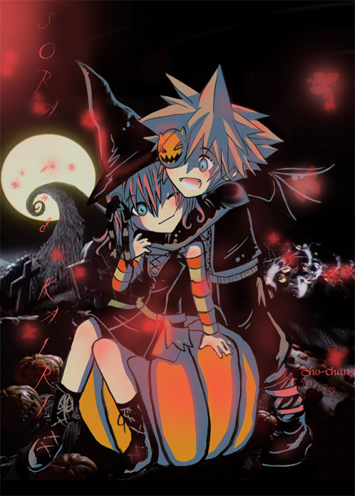 1girl artist_request character_name couple halloween hetero hug kairi_(kingdom_hearts) kingdom_hearts pumpkin sora_(kingdom_hearts)