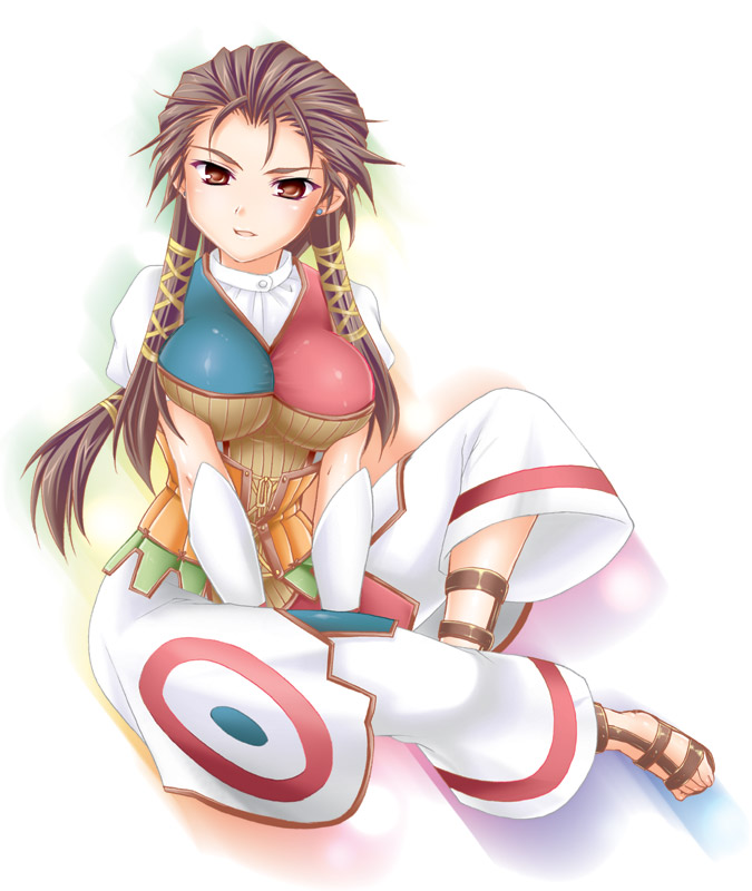 :d arm_guards bernadette_egan blush breasts brown_eyes brown_hair buttons earrings full_body gensou_suikoden gensou_suikoden_v head_tilt invisible_chair jewelry large_breasts long_hair looking_at_viewer no_socks open_mouth pants sandals shigemiya_kyouhei shiny shiny_clothes simple_background sitting smile solo stud_earrings toes white_background white_pants
