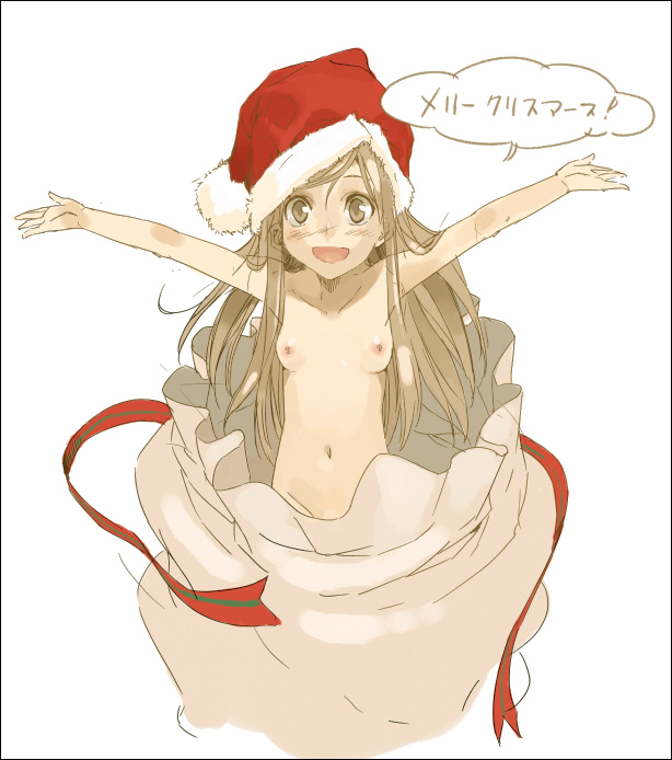 bag blush breasts brown_eyes brown_hair christmas excited gift hat in_bag in_container in_sack morii_shizuki nipples nude original outstretched_arms sack santa_hat small_breasts solo spread_arms