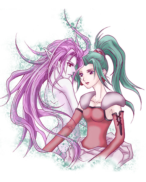 artist_request blue_eyes detached_sleeves dual_persona earrings esper final_fantasy final_fantasy_vi green_hair jewelry long_hair multiple_girls pink_hair pink_skin pointy_ears ponytail red_eyes tina_branford trance_tina_branford very_long_hair