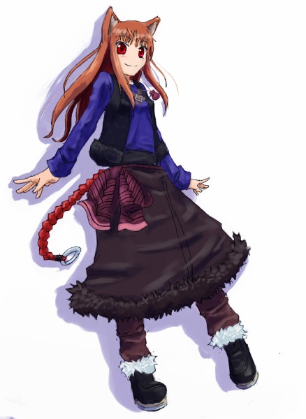 animal_ears arms_at_sides black_skirt holo long_hair long_skirt long_sleeves looking_at_viewer orange_hair red_eyes sidelocks simple_background skirt solo spice_and_wolf sweater white_background wolf_ears
