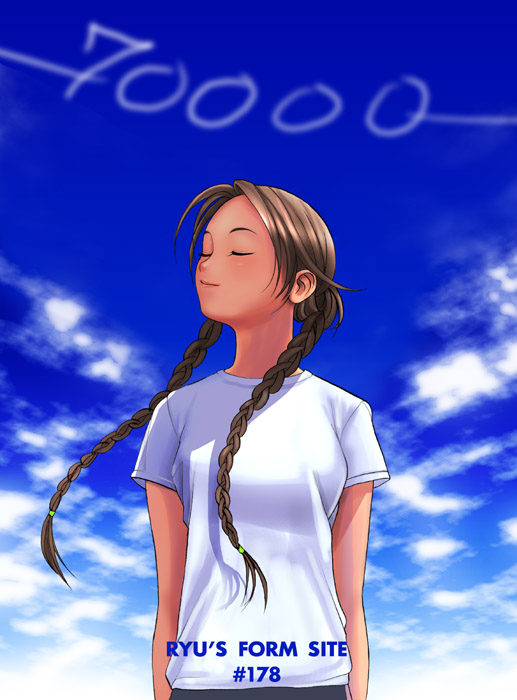 arms_at_sides artist_name blue_sky blurry braid breasts brown_hair closed_eyes closed_mouth cloud condensation_trail day eyelashes facing_away hair_over_shoulder hits long_hair medium_breasts number original ryu_(ryu's_former_site) short_sleeves sky smile solo twin_braids twintails upper_body