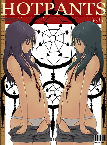 artist_request barcode closed_eyes copyright_request cover dream_catcher hair_over_breasts jewelry lowres multiple_girls panties pendant symmetry topless underwear undressing