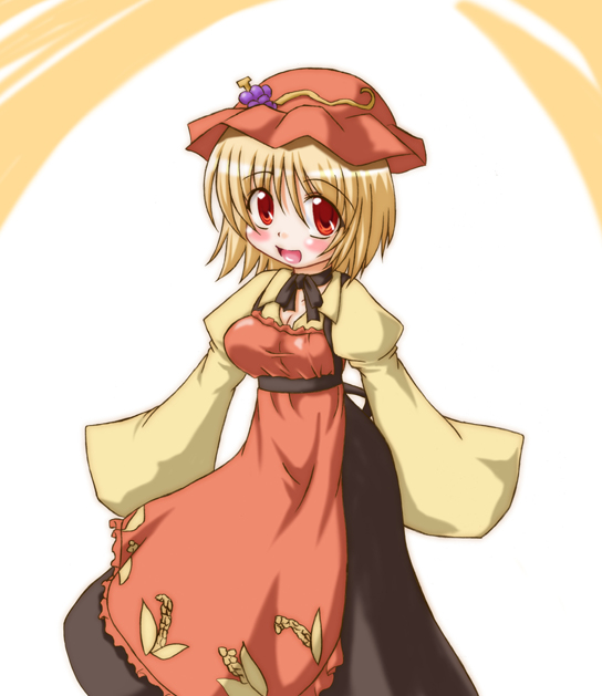aki_minoriko blonde_hair blush food fruit grapes hat inasaki_shirau looking_at_viewer open_mouth red_eyes short_hair simple_background skirt sleeves_past_wrists solo touhou white_background wide_sleeves