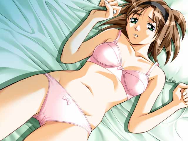 ai_shimai bangs bed bed_sheet blush bow bow_bra bow_panties bra brown_hair dutch_angle embarrassed from_above game_cg green_eyes hairband indoors jpeg_artifacts kitazawa_tomoko lingerie looking_at_viewer lowleg lowleg_panties lying navel on_back panties parted_bangs pillow pink_bra pink_panties shadow sheet_grab short_hair solo takei_masaki underwear underwear_only