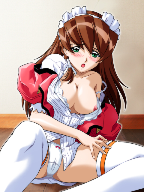 blush breasts brown_hair cyberdoll_may d-ten green_eyes hand_maid_may large_breasts long_hair maid open_clothes open_shirt panties shirt solo spread_legs thighhighs underwear