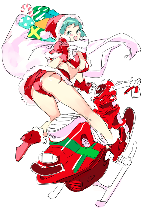 ass bad_id bad_pixiv_id christmas gift nishieda original sack santa_costume scarf simple_background sled solo