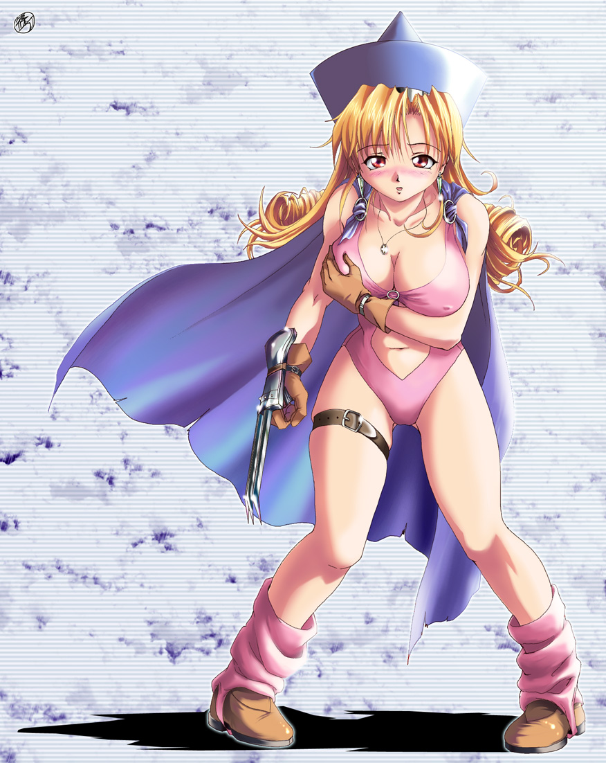 alena_(dq4) blush boots breasts buckle cape claws cleavage dragon_quest dragon_quest_iv gloves hat large_breasts leotard pigeon-toed pink_leotard pink_leotard_(dq) red_eyes red_hair shinozuka_jouji solo strap thigh_strap