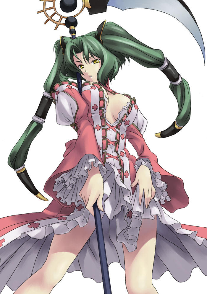 arala_cran breasts cleavage dress green_hair hair_ornament large_breasts legs long_hair no_bra open_mouth scythe shikigami_no_shiro shikigami_no_shiro_ii simple_background solo standing tanaka_shoutarou twintails weapon yellow_eyes