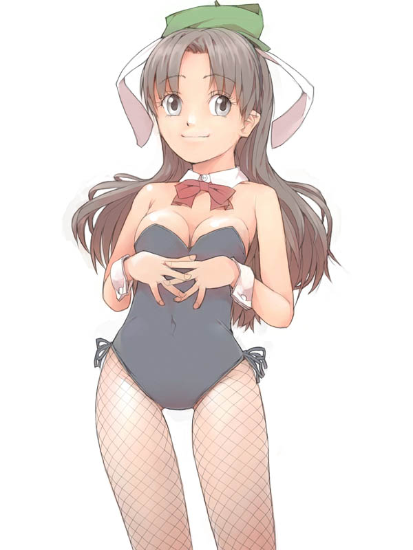 akinbo_(hyouka_fuyou) animal_ears brown_hair bunny_ears bunny_girl bunnysuit fishnet_pantyhose fishnets hat long_hair original pantyhose smile solo thigh_gap