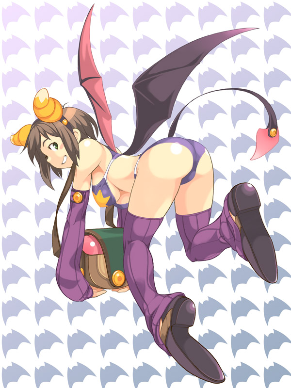 animal_print arm_warmers ass bag bat_print bat_wings bikini blush_stickers breasts brown_hair copyright_request green_eyes horns large_breasts looking_at_viewer mannen_hitsu purple_legwear smile solo star swimsuit tail wings
