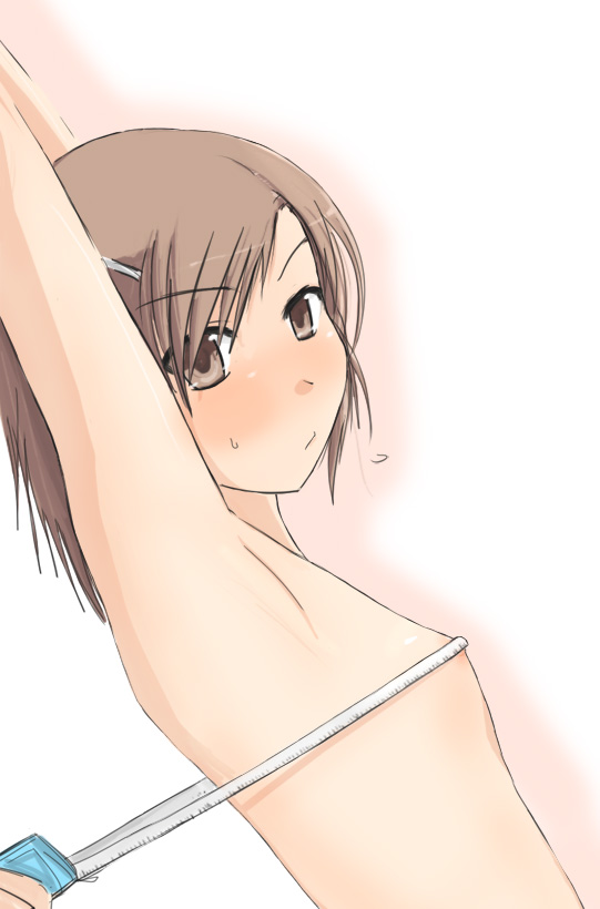 armpits arms_up blush brown_eyes brown_hair bust_measuring flat_chest hair_ornament hairclip measuring nude original shiki_(no-reply) short_hair solo tape_measure upper_body