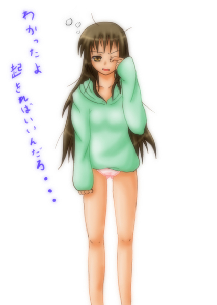 artist_request genderswap genderswap_(mtf) green_shirt kyon kyonko morning panties shirt sleepy solo suzumiya_haruhi_no_yuuutsu sweater translated underwear
