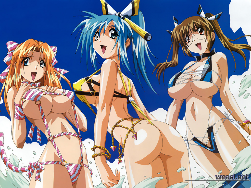 beach bikini blue_hair breasts brown_hair divergence_eve duplicate huge_breasts kureha_misaki navel orange_hair prim_snowlight sling_bikini suzanna_bluestein swimsuit twintails watermark