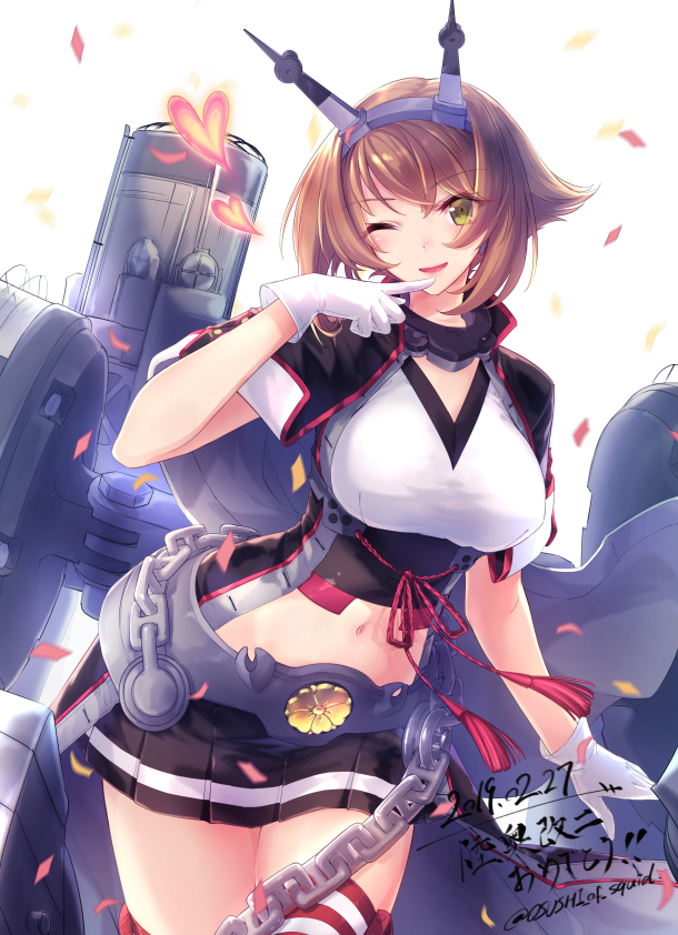 1girl ;d arm_up bangs banned_artist belt black_skirt blush breasts brown_hair cape chains collar commentary_request confetti cowboy_shot dated eyebrows_visible_through_hair finger_to_mouth gloves green_eyes headgear heart kantai_collection kyara36 large_breasts leaning_to_the_side looking_at_viewer miniskirt mutsu_(kantai_collection) navel one_eye_closed open_mouth pleated_skirt red_ribbon ribbon rigging signature simple_background skirt smile solo striped striped_legwear tassel thighhighs twitter_username unbuttoned white_background white_cape white_gloves