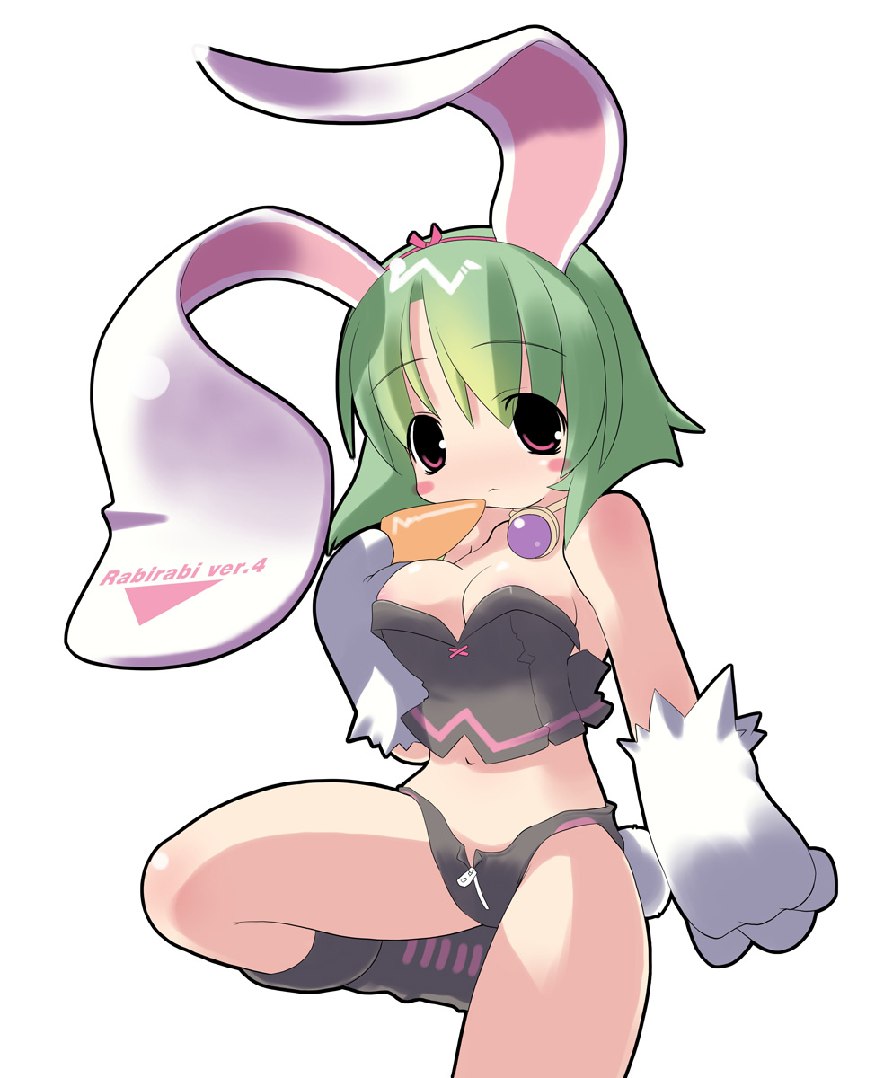 animal_ears artist_request blush boots bunny_ears copyright_request gloves green_hair highres red_eyes solo tail