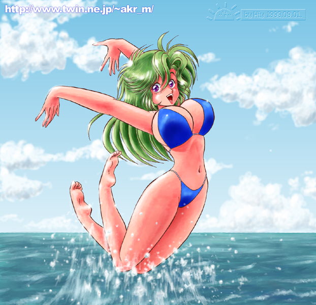 1girl akira_m bikini green_hair jumping mizugi solo swimsuit