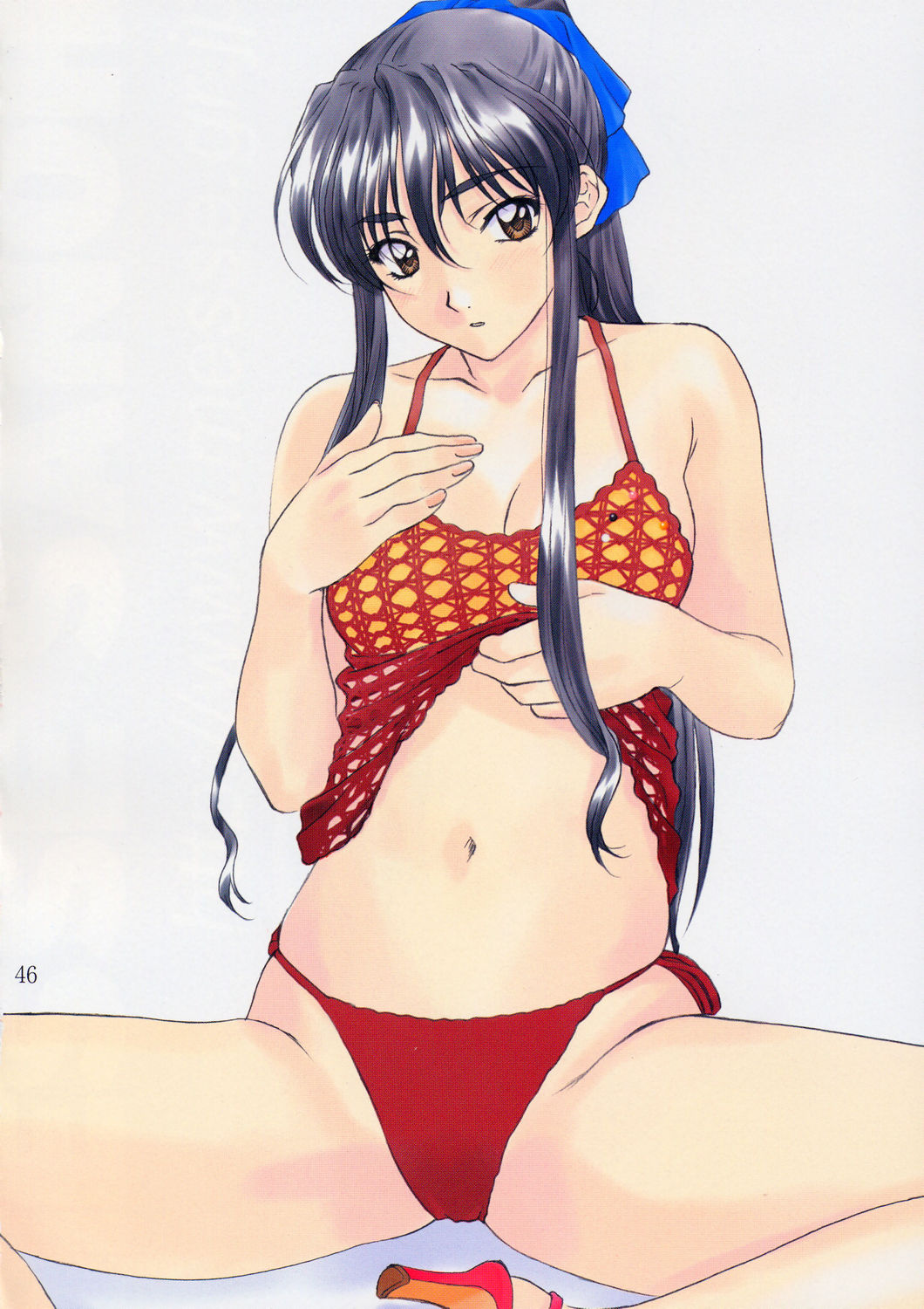 1girl highres mizugi navel polorinken scan sitting solo swimsuit