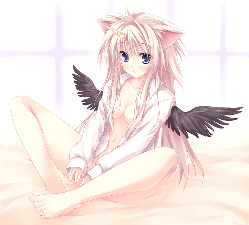 animal_ears barefoot blonde_hair blue_eyes bottomless breasts cat_ears cleavage feet horn medium_breasts no_panties open_clothes open_shirt original shirt solo tateha_(marvelous_grace) wings