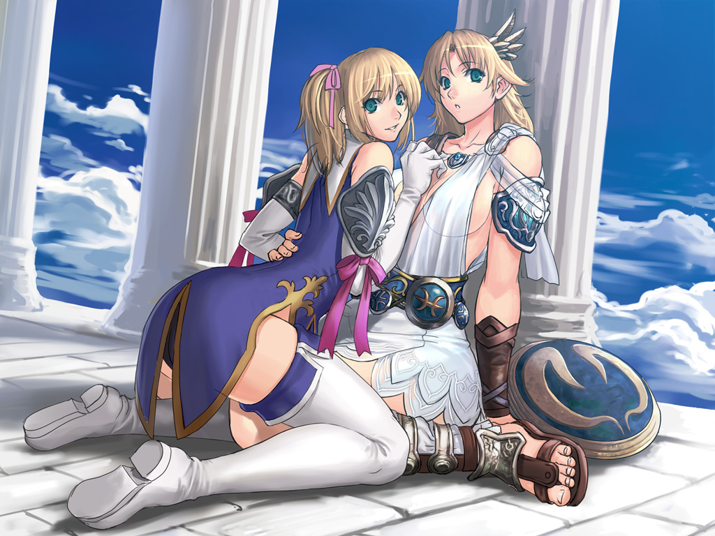 architecture armor armored_dress bad_feet blonde_hair breasts cassandra_alexandra cloud day greco-roman_architecture green_eyes large_breasts mature multiple_girls ran'ou_(tamago_no_kimi) ribbon sandals shield siblings sisters sophitia_alexandra soulcalibur thighhighs