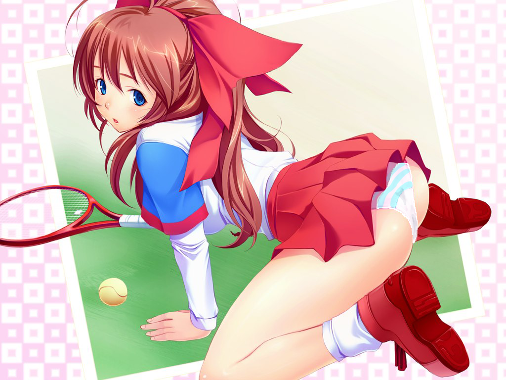 all_fours artist_request ass ball bed bent_over blue_eyes blush bow breasts brown_hair flat_ass hair_bow kanzaki_aoi kneeling lingerie long_hair looking_back medium_breasts panties pink_hair ponytail purple_eyes racket shirt_lift skirt skirt_lift solo striped striped_panties tennis_racket top-down_bottom-up true_blue underwear white_panties