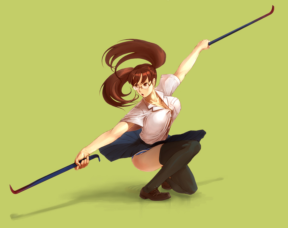 action bad_id bad_pixiv_id breasts brown_hair cleavage copyright_request crowbar dual_wielding glasses holding kurohachi large_breasts one_knee outstretched_arms panties pantyshot skirt solo spread_arms striped striped_panties thighhighs twintails underwear weapon