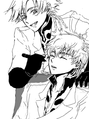 :d artist_request blush closed_eyes code_geass collar collarbone evil_smile formal gino_weinberg gloves greyscale grin holding knights_of_the_round_uniform kururugi_suzaku lowres marker monochrome multiple_boys open_mouth parted_lips simple_background smile suit teeth upper_body white_background