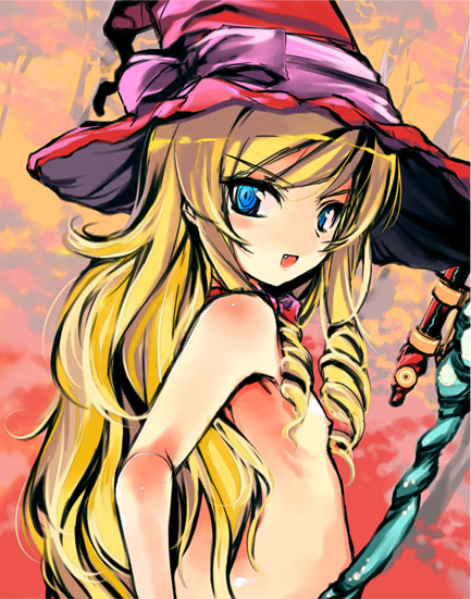 aburidashi_zakuro blonde_hair blue_eyes bow doctor_magus drill_hair fang flat_chest hat nude pink_bow sekaiju_no_meikyuu solo witch_hat