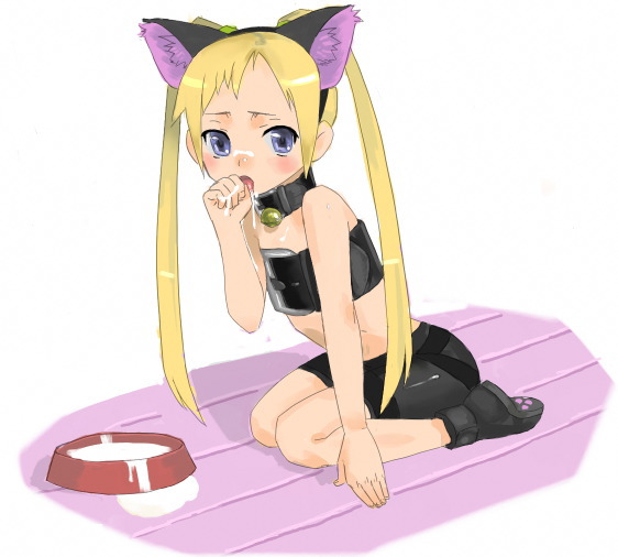 animal_ears bell bell_collar beltbra bike_shorts bitter_&amp;_sweet blonde_hair blue_eyes blush buckle cat_ears collar flat_chest kneeling long_hair lunch_(lunch3) milk setarau_tetora solo twintails watashi_no_oniichan