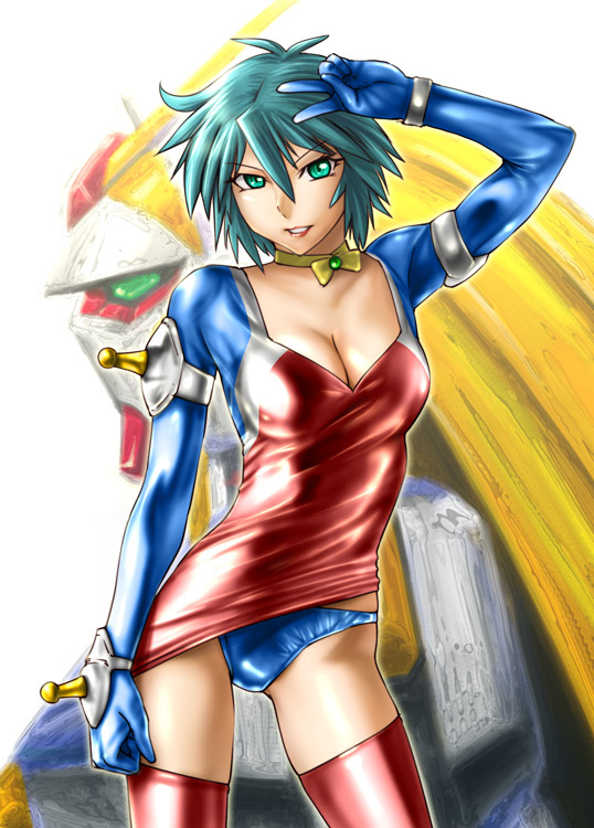 allenby_beardsley blue_eyes blue_hair blue_panties breasts cleavage collar g_gundam gundam large_breasts mecha multicolored_shirt nobel_gundam panties raglan_sleeves red_legwear shiny shiny_clothes solo thighhighs ueyama_michirou underwear v