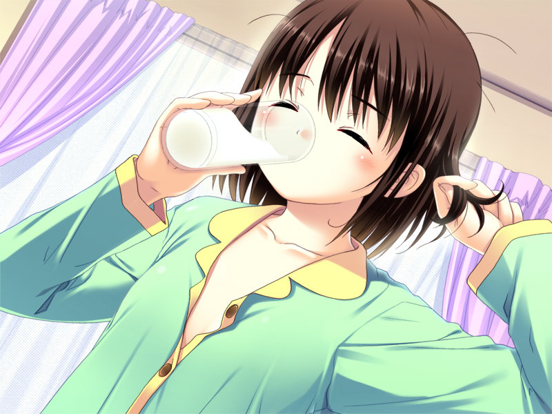 blush brown_hair cup drinking drinking_glass furusawa_asumi game_cg milk musume_shimai nonohara_miki pajamas short_hair solo