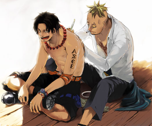 commentary_request drawing friends gyuuniku jewelry laughing marco multiple_boys necklace one_piece portgas_d_ace shirtless tattoo whitebeard_pirates