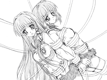 artist_request bdsm bondage bound clannad fujibayashi_kyou fujibayashi_ryou greyscale lowres monochrome multiple_girls siblings sisters twins