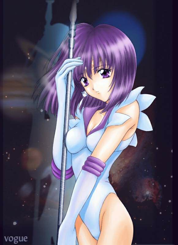 bishoujo_senshi_sailor_moon breasts female gloves leotard purple_hair sailor_saturn solo space staff tomoe_hotaru