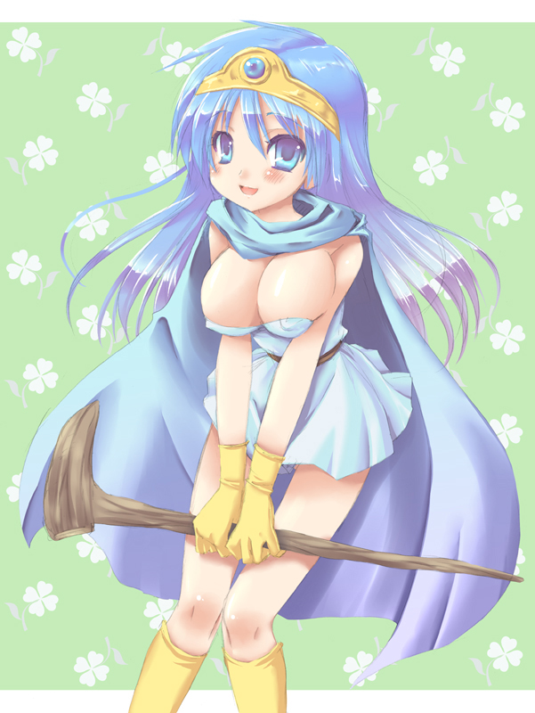 blue_eyes blue_hair blush breast_squeeze breasts cape circlet cleavage covered_nipples dragon_quest dragon_quest_iii fantasy gloves hat large_breasts legs long_hair panties rusty_soul sage_(dq3) skirt solo staff thighs underwear weapon white_skirt