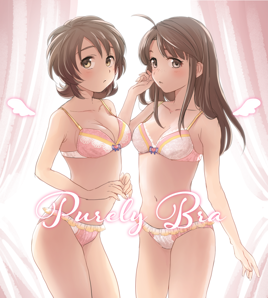2girls :&lt; ahoge asano_fuuka blush bra breasts brown_eyes brown_hair cleavage commentary_request cowboy_shot curtains drawn_wings english_text engrish_text freckles frilled_panties frills hand_up hat0mg idolmaster idolmaster_cinderella_girls lace lace-trimmed_bra lingerie long_hair looking_at_viewer medium_breasts multiple_girls navel okuyama_saori own_hands_together panties pink_background pink_bra pink_panties ranguage short_hair standing underwear underwear_only