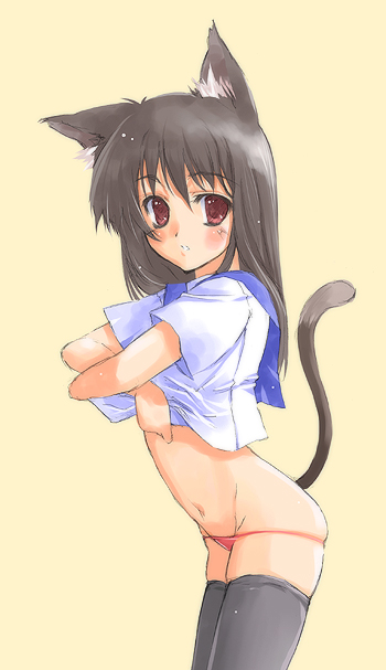 animal_ears black_hair blush brown_hair cat_ears long_hair nekomimi panties red_eyes school_uniform seifuku serafuku thighhighs underwear uniform