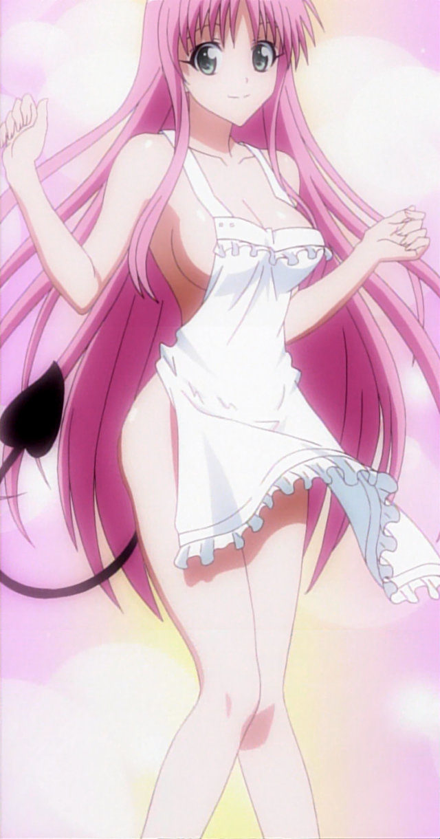 apron breasts highres lala_satalin_deviluke long_hair medium_breasts naked_apron pink_hair screencap sideboob solo stitched tail third-party_edit to_love-ru