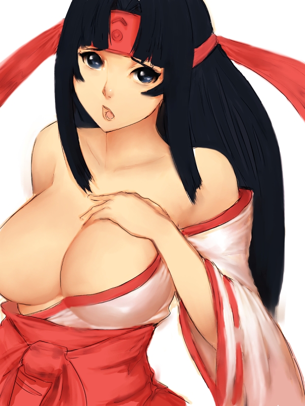 black_hair blue_eyes breast_slip breasts cleavage fumio_(rsqkr) headband huge_breasts japanese_clothes long_hair queen's_blade solo tomoe