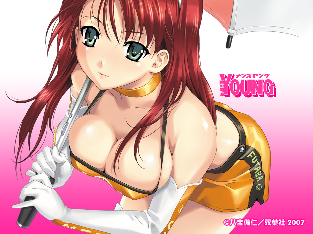 2007 boots breasts choker cleavage downblouse elbow_gloves gloves green_eyes happoubi_jin large_breasts leaning_forward long_hair men's_young miniskirt race_queen red_hair skirt solo thigh_boots thighhighs umbrella