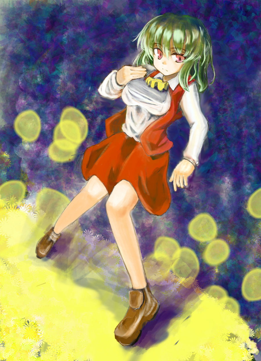 ascot bad_id bad_pixiv_id breasts frown green_hair hand_on_own_chest highres kazami_yuuka knees_together_feet_apart large_breasts red_eyes short_hair skirt skirt_set solo taji_(crowview) touhou vest