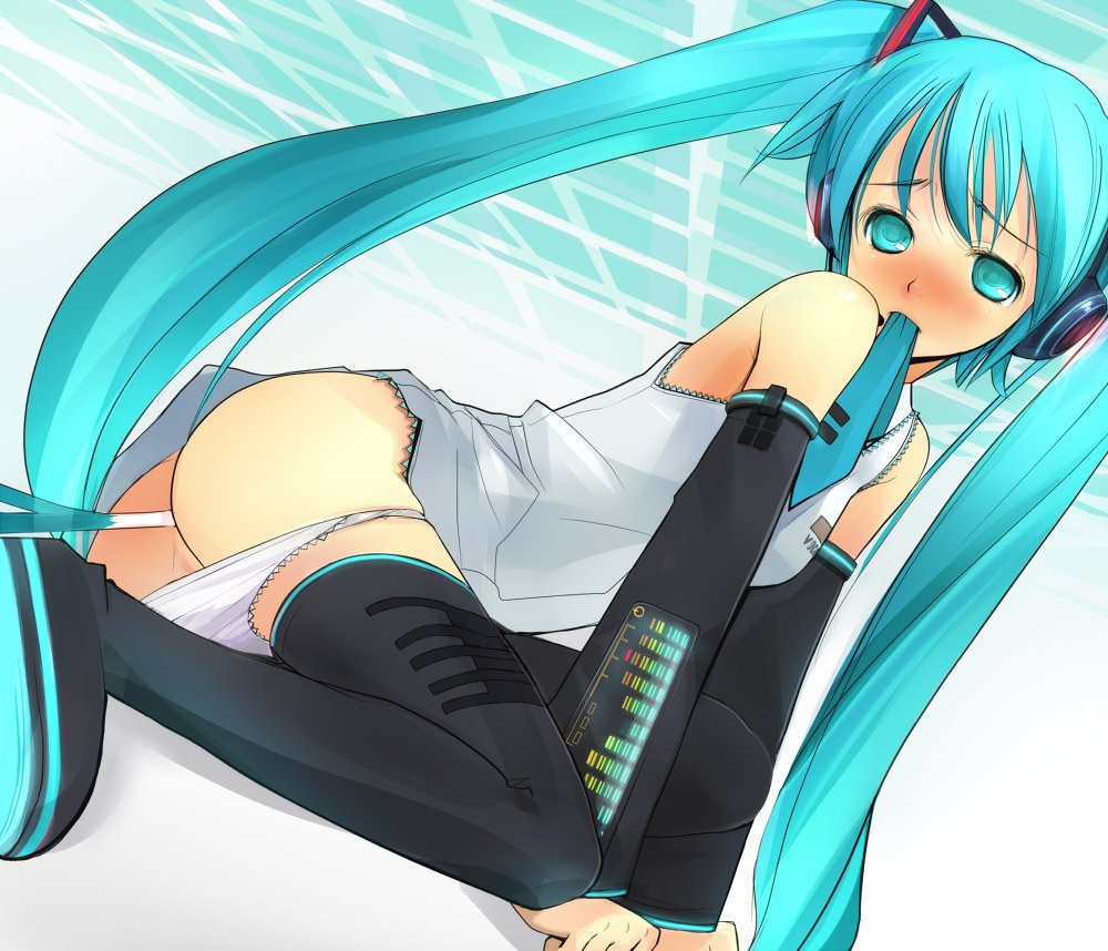 anal aqua_eyes aqua_hair ass blue_eyes blue_hair blush boots green_eyes hatsune_miku headphones insertion leek long_hair mouth_hold necktie negi_suppository object_insertion panties panty_pull penetration spring_onion takashima thighhighs tie twintails underwear very_long_hair vocaloid vocaloid2