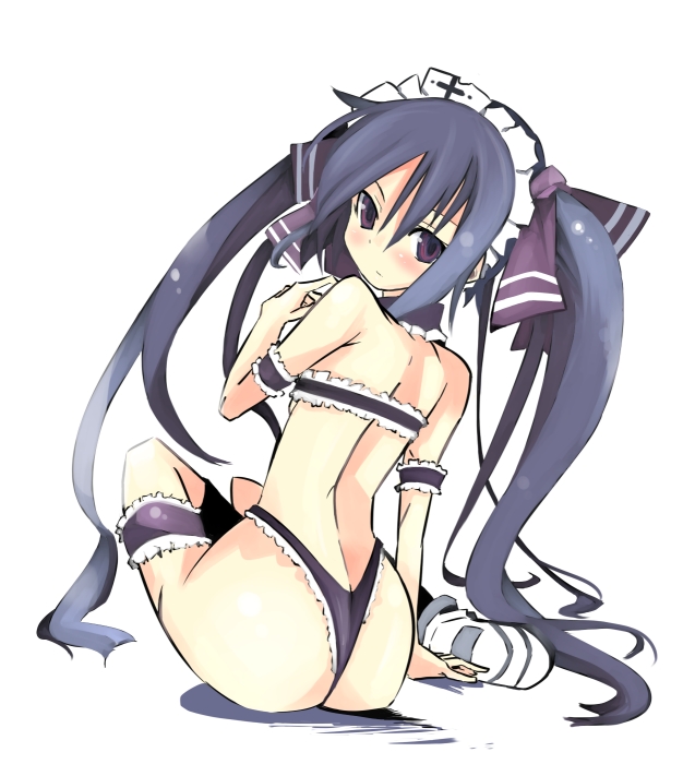 ass black_bra black_panties bow bra garters hair_bow kanikama kooh lingerie long_hair looking_back maid_headdress pangya panties purple_eyes sitting solo thong twintails underwear underwear_only