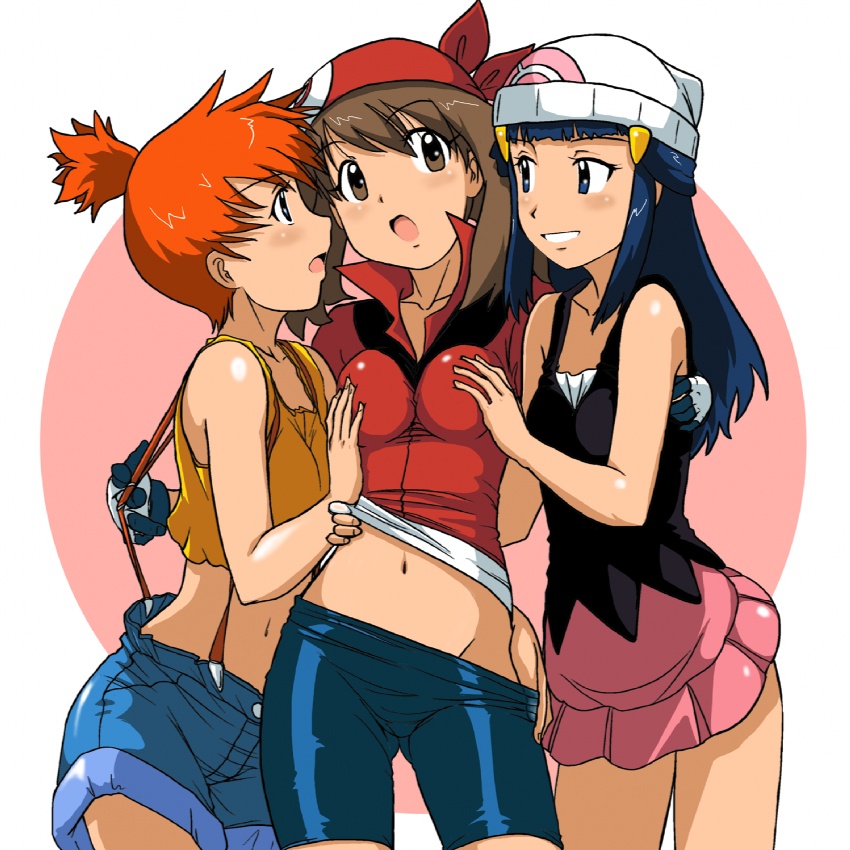 3girls breast_grab breasts haruka_(pokemon) hikari_(pokemon) kakkii kasumi_(pokemon) multiple_girls pokemon spandex yuri