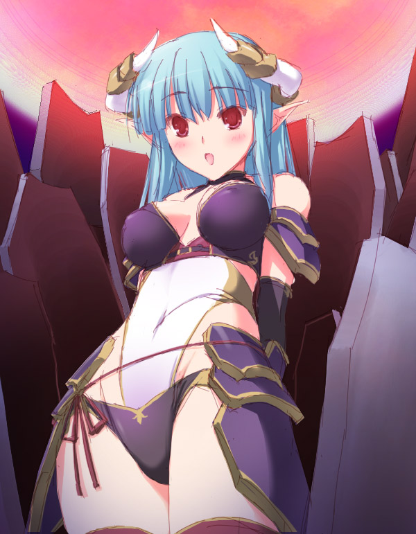 47agdragon blue_hair breasts covered_nipples demon_girl elbow_gloves fantasy gloves horns medium_breasts navel original pointy_ears red_eyes solo thighhighs