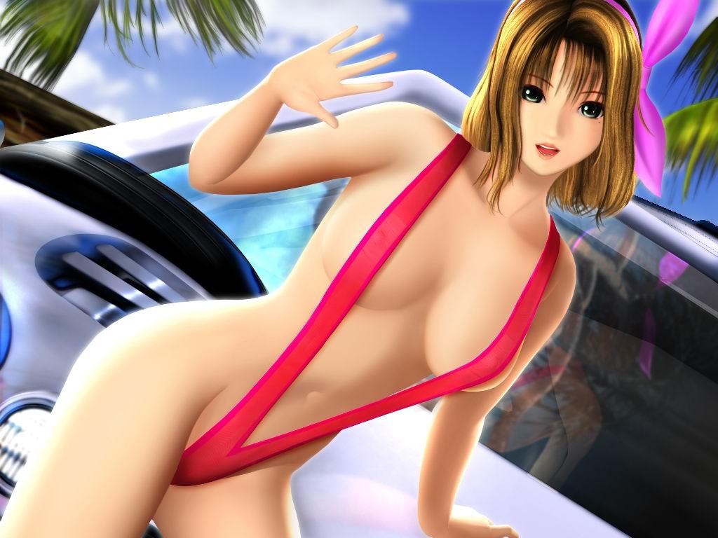 3d :d arisia_way arm_support artist_request blonde_hair breasts car cleavage cloud day dutch_angle glass green_eyes ground_vehicle hair_ribbon hairband jpeg_artifacts large_breasts leaning lipstick makeup mole mole_under_eye motor_vehicle navel one-piece_swimsuit open_mouth outdoors palm_tree reflection ribbon sexy_beach sexy_beach_2 short_hair sideboob sky slingshot_swimsuit smile solo standing swimsuit tree waving