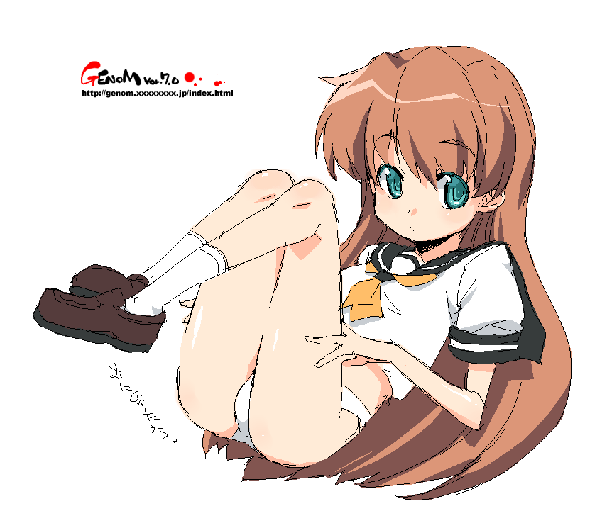 blue_eyes brown_hair long_hair no_pants oekaki onija_tarou original panties school_uniform serafuku solo underwear white_panties