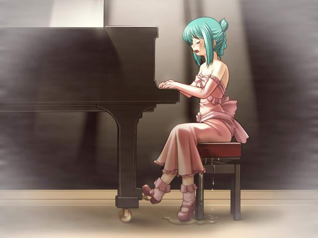 artist_request dress gloves green_hair instrument open_mouth peeing peeing_self piano sitting tears wetting